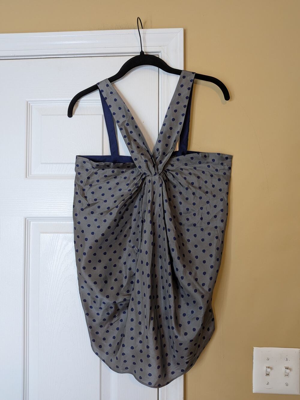 7 For All Mankind 100% Silk Polka Dot Draped Mini Blouse Size Medium Grey Navy
